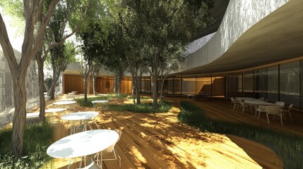Serene Outdoor Architectural Space Surrounded by Lush Greenery
