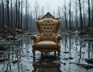 Fototapeta premium Elegant throne chair sits abandoned in desolate flooded forest creating a surreal, thought-provoking scene