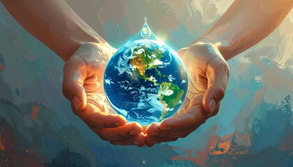 Conceptual artwork of two hands holding a glowing drop of water shaped like world globe