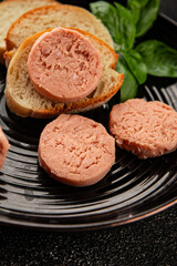 Sausage spread sandwich pork spread natural product tasty snack fresh delicious gourmet food background on the table rustic top view copy space