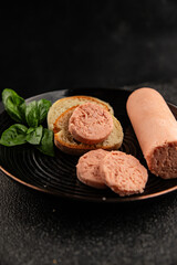 Sausage spread sandwich pork spread natural product tasty snack fresh delicious gourmet food background on the table rustic top view copy space