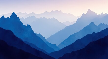 Illustration of layered blue mountains in silhouette against a soft pastel sky