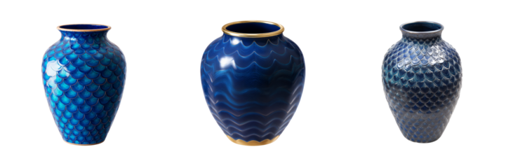 Beautiful blue pottery vases with transparent background artistic display studio environment