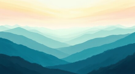 Illustration of layered mountain range fades into the distance with a soft sky
