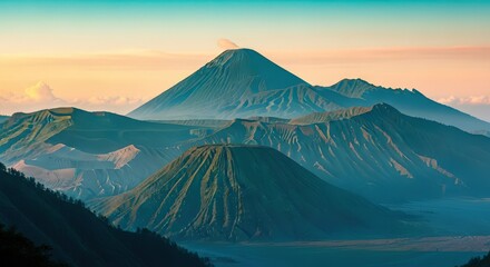 Illustration of volcanic mountain landscape at sunrise with misty valleys