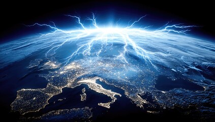 Fototapeta premium Powerful lightning bolts illuminate the European continent from space, showcasing the vast network of city lights.