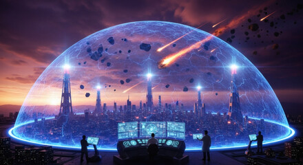 Science Fiction City Under Dome Shield with Meteor Showers A Futuristic Protection Concept