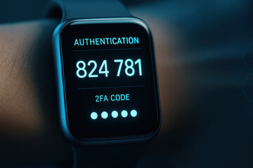 Watch showing multi factor authentication prompt with password style numeric code on smartwatch for security 2FA code and secure login notification
