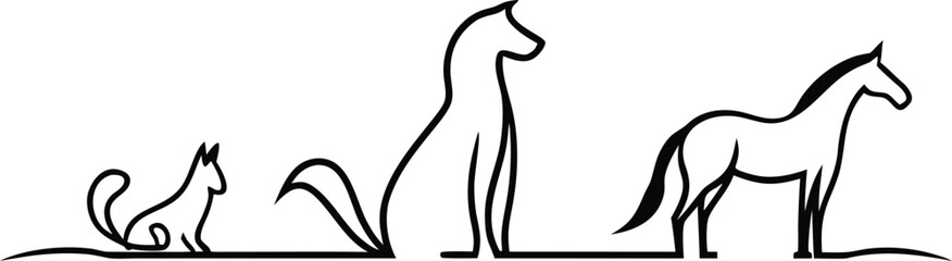 Stylized outline drawings of a squirrel dog and horse on white Keywords: animal, silhouette, outline