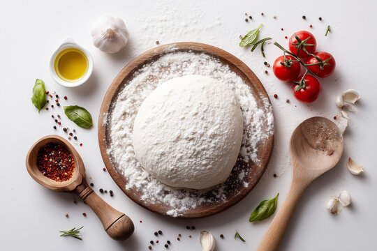 Pizza dough topped with tomato sauce, olives, basil leaves, and shredded cheese before baking. A rustic Italian preparation showcasing fresh ingredients and culinary tradition, isolated on white backg - Powered by Adobe