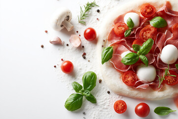Pizza dough topped with tomato sauce, olives, basil leaves, and shredded cheese before baking. A rustic Italian preparation showcasing fresh ingredients and culinary tradition, isolated on white backg