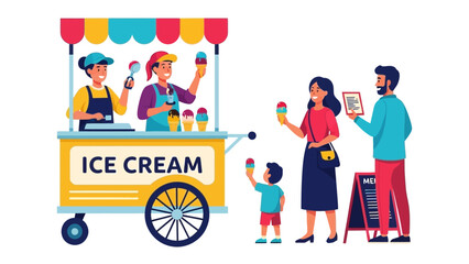Cool Treat in Summer: A cheerful ice cream vendor serves delighted customers, illustrating a sweet summer day with a variety of flavors and moments of pure happiness.