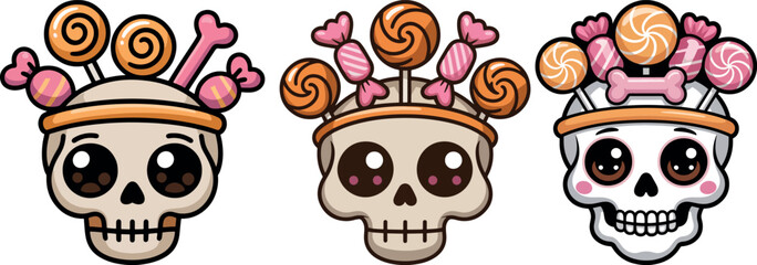 Halloween Sugar Skull Vector Illustration with Lollipops and Candy for Dia de los Muertos Celebrations