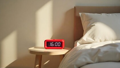 Bright red digital alarm clock sits on a side table next to a neatly made bed bathed in morning sunlight.