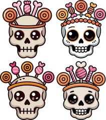 Sugar Skull Cartoon Characters Collection for Day of the Dead Celebration and Halloween Cute and Spooky Icons
