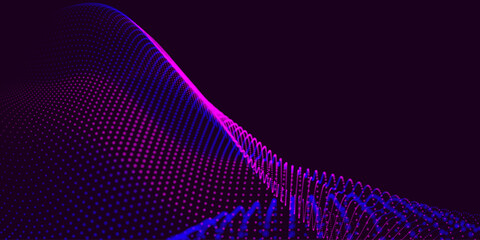 An abstract colorful wave of glowing dots that creates the illusion of moving waves on a dark background. The visualization resembles a dynamic vector 3D wave that combines technology, art of the futu