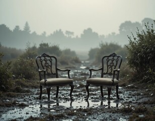 Fototapeta premium Elegant antique chairs await in a mystical, misty landscape, evoking reflection and solitude.