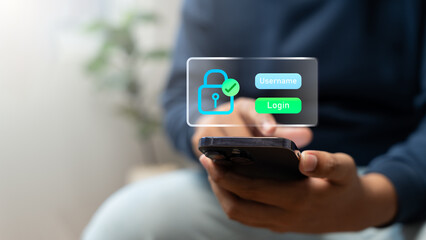 Secure login interface on smartphone showing digital identity verification, password protection, and user authentication for modern cybersecurity and online data privacy solutions.