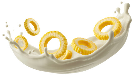 Captivating Cereal Rings in Creamy Milk Splash A Delicious Breakfast Delight on Transparent Backdrop