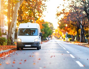 A white delivery van sits on a paved street lined with autumnal trees, bathed in the warm glow of the late afternoon sun.