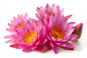 Obraz premium Pink water lilies in full bloom with vibrant petals. Aquatic floral beauty isolated on white background, highlighting delicate texture and natural elegance. 