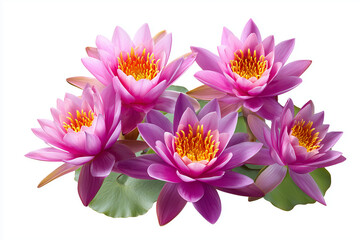 Fototapeta premium Pink water lilies in full bloom with vibrant petals. Aquatic floral beauty isolated on white background, highlighting delicate texture and natural elegance. 