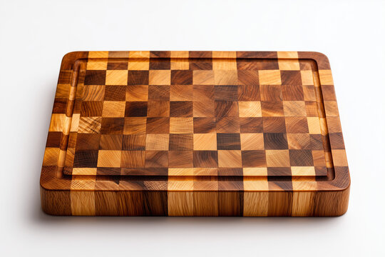 Handcrafted wooden cutting board with end grain checker pattern. End grain butcher block surface isolated on white background, highlighting the natural wood textures.
