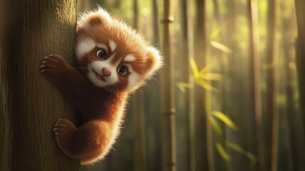 Fototapeta premium Cute Animal Climbing Tree in Serene Bamboo Forest Environment