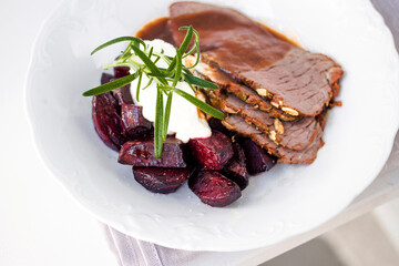 grilled beef steak with beets