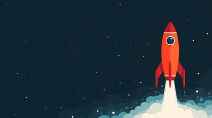 Flat illustration of a rocket is flying in space. Start-up concept. Night sky and cosmos.