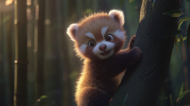 Cute animated red panda climbing tree in a serene bamboo forest
