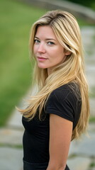 Naklejka premium Blonde woman with long straight hair wearing black outfit outdoors