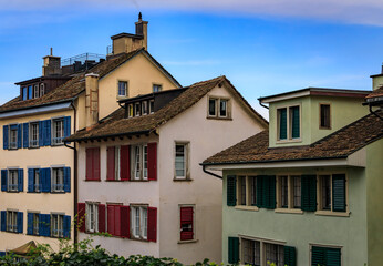Historic old town street with traditional architecture in Zurich, Switzerland