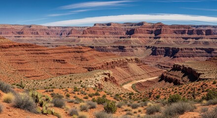 Vast canyon landscape showcasing layers of red rock formations under a bright blue sky.