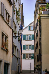 Historic old town street with traditional architecture in Zurich, Switzerland