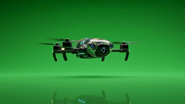 Drone hovering midair studio shot against vibrant green screen modern technology high quality professional