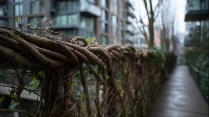Green fences and metal barriers covered with plants. Eco urban design, natural privacy, and sustainable boundaries.
