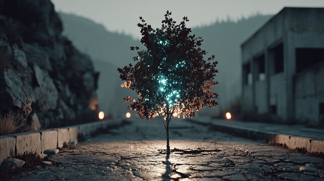 Glowing Tree on Cracked Pavement in Abandoned Urban Landscape