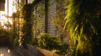 Green fences and metal barriers covered with plants. Eco urban design, natural privacy, and sustainable boundaries.