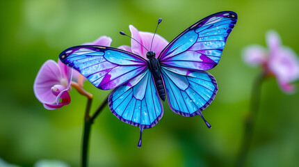 Origami Butterfly in the Rain: Translucent Blue and Purple Wings with Geometric Precision on a Reflective Surface