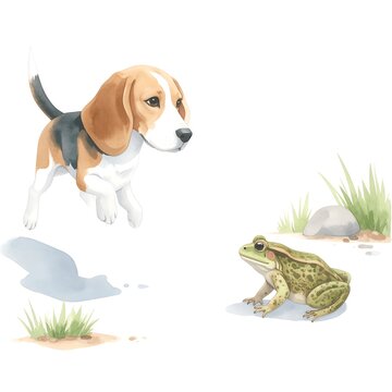 A charming watercolor illustration of a beagle dog leaping towards a frog in a tranquil, natural setting.