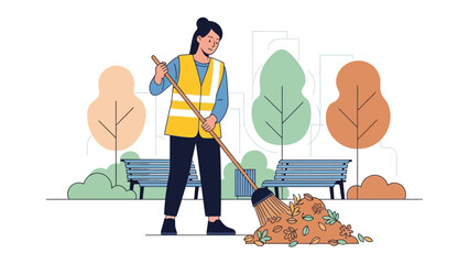 Caring for the community: An illustrated scene of a woman diligently sweeping fallen leaves, with a sense of commitment and a bright yellow vest highlighting the essence of this act