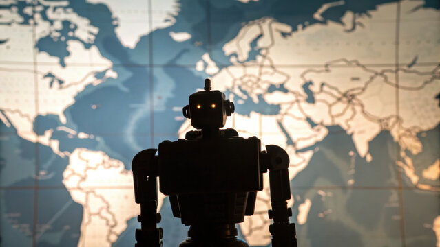 Robot silhouette, artificial intelligence, economic impact, global risk, and technology because ai is changing world, creating both opportunity and uncertainty for society