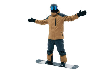 A high quality photograph of a single masked snowboarder isolated on a transparant or white background