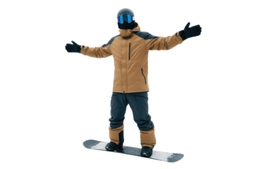 A high quality photograph of a single masked snowboarder isolated on a transparant or white background