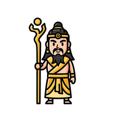 A stylized illustration of a regal figure holding a golden staff, presented in a cartoonish style.