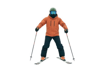 A high quality photograph of a single masked skier isolated on a transparant or white background