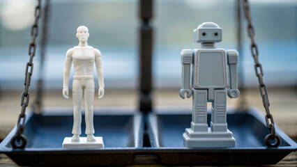 Human figure and robot figure stand balanced on scale symbolizing economic risk because ai impacts decision making and future employment with neutral emotional expression