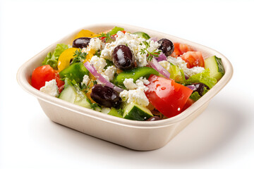 A fresh Greek-style salad with cherry tomatoes, cucumbers, red onions, dill, and feta cheese in a takeout bowl. Isolated on white background, highlighting the vibrant vegetables and creamy cheese.
