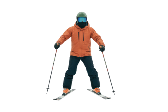 A high quality photograph of a single masked skier isolated on a transparant or white background